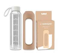 Wessper Botella de vidrio funda de silicona, botella de vidrio borosilicato con marca de tiempo 1 litro, botella deportiva ideal para fitness, deporte escolar, niños - Beige