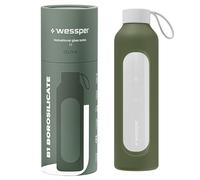 Wessper Botella de vidrio funda de silicona, botella de vidrio borosilicato con marca de tiempo 1 litro, botella deportiva ideal para fitness, deporte escolar, niños - Oliva