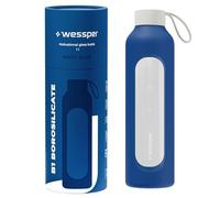 Wessper Botella de vidrio funda de silicona, botella de vidrio borosilicato con marca de tiempo 1 litro, botella deportiva Ideal para fitness, deporte escolar, niños - Azul
