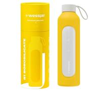 Wessper Botella de vidrio funda de silicona, botella de vidrio borosilicato con marca de tiempo 1 litro, botella deportiva Ideal para fitness, deporte escolar, niños - Amarillo