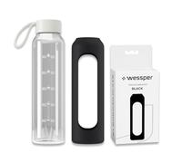 Wessper Botella de vidrio funda de silicona, botella de vidrio borosilicato con marca de tiempo 500 ml, botella deportiva ideal para fitness, deporte escolar, niños - Negro