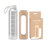 Wessper Botella de vidrio funda de silicona, botella de vidrio borosilicato con marca de tiempo 500 ml, botella deportiva ideal para fitness, deporte escolar, niños - Beige
