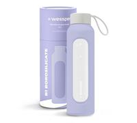 Wessper Botella de vidrio funda de silicona, botella de vidrio borosilicato con marca de tiempo 500 ml, botella deportiva ideal para fitness, deporte escolar, niños - Violeta