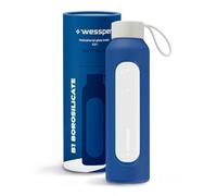 Wessper Botella de vidrio funda de silicona, botella de vidrio borosilicato con marca de tiempo 500 ml, botella deportiva ideal para fitness, deporte escolar, niños - Azul