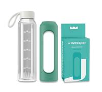 Wessper Botella de vidrio funda de silicona, botella de vidrio borosilicato con marca de tiempo 500 ml, botella deportiva ideal para fitness, deporte escolar, niños - Laguna