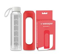 Wessper Botella de vidrio funda de silicona, botella de vidrio borosilicato con marca de tiempo de 1 litro, botella deportiva ideal para fitness, deporte escolar, niños - Rojo