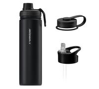 Wessper Botella Termica acero Inoxidable, 1 Litro, Termo para Agua con Tres Tapones Intercambiables, Botellas para Bebidas Frías y Calientes, Sin BPA - Negro