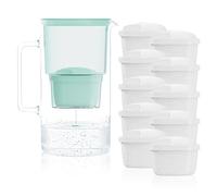 WESSPER Jarra de cristal 3 en 1 con sistema de filtro, además de 10 cartuchos de filtro de agua, menta