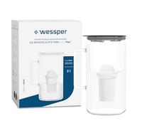 Wessper Jarra Filtrante de Vidrio con cartuchos filtrantes para Agua Potable de 2 l, Jarra filtrada con Contador Inteligente, Kit que Incluye 1 filtro de Carbón Activo- Negro