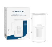 Wessper Jarra Filtrante de Vidrio con cartuchos filtrantes para Agua Potable de 2 l, Jarra filtrada con Contador Inteligente, Kit que Incluye 1 filtro de Carbón Activo- Blanco