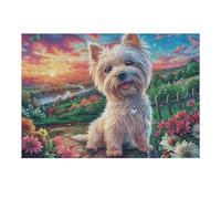 West Highland White Terrier Campo de Flores Mascota Linda Wildlife Wild Nature Puzzle 300 Piezas Colorido Moderno Rompecabezas para Adultos Obra De Arte Familiar Estera Portátil DIY Creativo 300 PCS