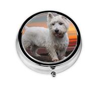 West Highland White Terrier Perros Montañas Blanco, Pastillero, Pastillero redondo Pequeño contenedor de pastillas Organizador de pastillas de viaje