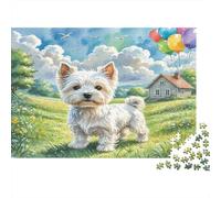West Highland White Terrier Rompecabezas de Papel Grueso Westie en Campo de Hierba con Globos, Pack de Juego Familiar Decorativo 38x26cm/1000 Piezas