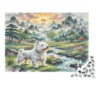 West Highland White Terrier Rompecabezas DIY de Papel Premium Westie Junto al Arroyo en el Valle de la Montaña, Alivio del Estrés Decorativo 38x26cm/1000 Piezas