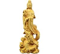 WESTCH Estatua de Feng Shui, estatuilla de Estatua Quan Yin Avalokite?Vara Buda meditando Kuan Yin en Escultura de dragón Adorno de boj Decoración Regalo, Regalo de bendición de Madera