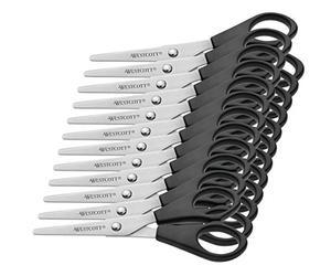 Westcott E-31150 00 - Tijeras de oficina con cuchillas de acero inoxidable y asas de plástico negro, cuchillas de 13 cm, 12 piezas