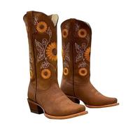 Western Cowboy Boots for Women Wide Calf Low Heel Distressed Cowgirl Boots Fall Boots for Women Mid Calf Cowboy Cowgirl Western Boots Sunflower Embroidery Stitched Booties (Color : Brown, Size : 38
