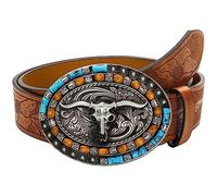 Western Cowboy Cowgirl - Cinturón de piel sintética para mujeres y hombres, cinturón de cintura en relieve turquesa con hebillas de toro de cuerno largo, Brown-style1, 120cm/For Waist 92cm-101cm
