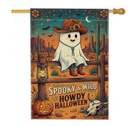 Western Cowboy Ghost - Bandera de casa con cita de Halloween, 71 x 101 cm | Tema occidental, bandera de patio, fantasma vaquero, paisaje del desierto, valla rústica, Jack-o'-lantern