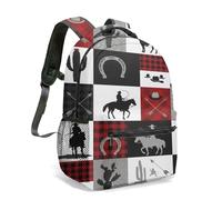 Western Cowboy - Mochila de 16 pulgadas con impresión completa 360, diseño de herradura de cactus, vaquera y rancho, mochila de viaje con flecha a cuadros rojos y negros, 01., L, Casual