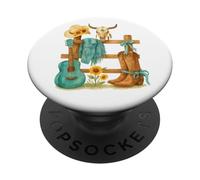 Western Cowgirl Turquoise Guitar Boots & Sunflower Aesthetic PopSockets PopGrip Adhesivo