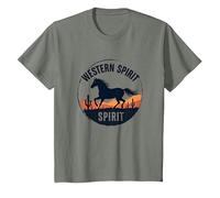 Western Spirit: Wild Horse Desert Sunset Emblem, Vaca niña Camiseta, Niños, Verde Militar Jaspeado, 8 años