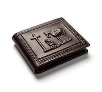Western Stakes Cartera plegable de cuero occidental para hombre, piel auténtica con diseño de vaquero en relieve, gallo o San Judas, carteras delgadas de vaquero para hombre, Café, Cartera occidental