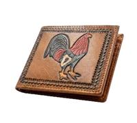 Western Stakes Cartera plegable de cuero occidental para hombre, piel auténtica con diseño de vaquero en relieve, gallo o San Judas, carteras delgadas de vaquero para hombre, Marrón claro, Cartera