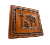 Western Stakes Cartera plegable de cuero occidental para hombre, piel auténtica con diseño de vaquero en relieve, gallo o San Judas, carteras delgadas de vaquero para hombre, Marrón claro, Cartera