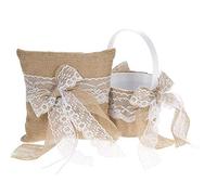Western-Style Flower Girl Basket and Ring Cojín Portador Set, Vintage Arpillera Encaje Bowknot Boda Cesta Anillo Portador - Accesorios para Decoración