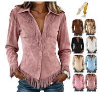 Western Suede Jackets for Women V-Neck Button Vintage Fringe Tops
