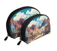 Western Town - Bolsas de maquillaje impresas de 2 piezas, portátil, bolsa de aseo de viaje, White, Talla única