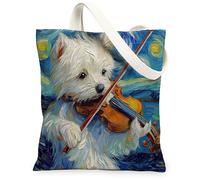 Westie - Bolsa de lona para compras, 13 x 15 pulgadas, diseño de estrellas y violín nocturno, reutilizable, para mujeres, mascotas, cachorros, trabajo, viajes, decoración de regalo