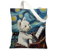 Westie - Bolsa de lona para compras de 13 x 15 pulgadas, diseño de piano nocturno de estrellas, reutilizable, bolsa de hombro para mujer, decoración de regalo para mascotas