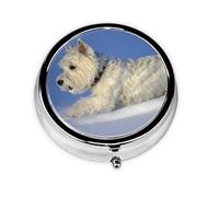 Westie Invierno West Highland White Terrier Perros, Pastillero, Pastillero redondo Pequeño contenedor de pastillas Organizador de pastillas de viaje