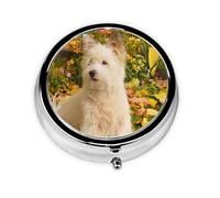 Westie Otoño West Highland White Terrier Perros, Pastillero, Pastillero redondo Pequeño contenedor de pastillas Organizador de pastillas de viaje