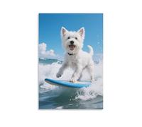 Westie surfeando Cuadro De Pared, Poster Obra De Arte Colgado | Impresión Lienzo Murales, Hermoso Pintura Decor Interior Para Salón Dormitorio, Regalo 16x24inch(40x60cm)