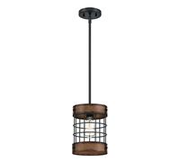 Westinghouse iluminación 6117940 Lámpara colgante para interiores de un solo brazo Langston, estilo vintage, acabado negro mate con detalles de madera de granero, pantalla en forma de jaula