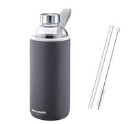 Westmark Botella de agua de cristal con funda protectora, 1000 ml, 1 pajita de cristal de 21 cm y 1 cepillo de limpieza, sin BPA, color gris y plateado