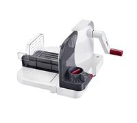 Westmark Cortafiambres Kompakt - grosor de corte regulable, con manivela | Cuchilla circular dentada para pan, embutido y ensalada, empujador de restos, ventosa, plegable, plástico/inox, 97012260