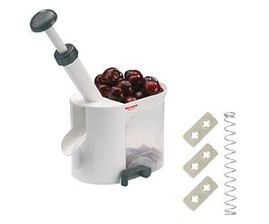 Westmark Descorazonadora de cerezas con tolva y caja para huesos, Set que incluye piezas de repuesto, 4 piezas, Plástico/acero inoxidable, Blanco/Antracita, 403022E6
