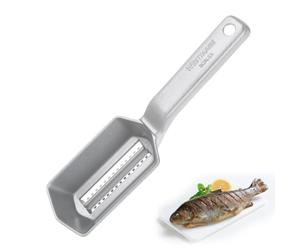 Westmark Escamador de pescado con bandeja de recogida de escamas, Aluminio, Revestimiento especial apto para alimentos, Acero inoxidable, 21 x 5,9 x 5,3 cm, Scalex, Plateado, 65002260