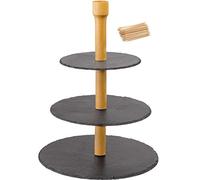 Westmark Expositor de pizarra de 3 pisos + 100 mini palillos para snacks, Con protección contra arañazos, Dimensiones: ø 28,5 x 40 cm, Pizarra/pino, Tapas + Friends, Antracita/marrón claro, 69682260