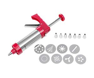 Westmark Jeringa para prensa/guarnición de pastelería, con 8 discos de moldeo y 8 boquillas de moldeo, capacidad: 250 ml, acero inoxidable/plástico, plateada/roja, 32332260