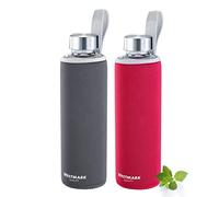 Westmark Juego de 2 botellas de agua, 2 botellas de cristal con impresión, incluye 1 funda protectora, 550 ml, cristal/silicona/caucho, sin BPA, color rojo/antracita/plata/transparente, 527222E8