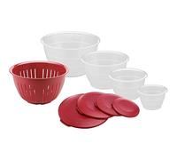 Westmark Juego de recipientes, 4 recipientes incl. tapas y colador, 9 piezas,Capacidad: 0,6/1,3/2,5/4,4 litros, De plástico, Sin BPA, Olympia, Color: transparente/Rojo, 2420226R