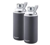 Westmark Set de botellas, 2 unidades, 2 botellas con estampado para bebidas, incl. 1 funda protectora cada una, 1E3 ml, Vidrio/Silicona/Goma, Sin BPA, Viva, Antracita/Plateado/Transparente, 527422E6