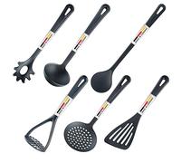Westmark Set de utensilios de cocina, 6 piezas, Espátula, Cuchara para mezclar, Espumadera, Cuchara para espaguetis, Cucharón para sopa, Prensa para patatas, Plástico, Gentle, Negro, 283522E6
