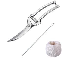 Westmark Set para aves de corral, 3 unidades, 1 Tijeras para aves de corral con mecanismo de resorte, 1 aguja + 1 cordel de cocina de 60 m, Acero inoxidable/poliéster, Classic, Plata/Blanco, 137122E6