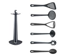 Westmark Utensilios de Cocina, Soporte giratorio con pasapurés, Cuchara, Cuchara para pasta, Cucharón sopero, Espumadera y Espátula, Negro, 7 piezas